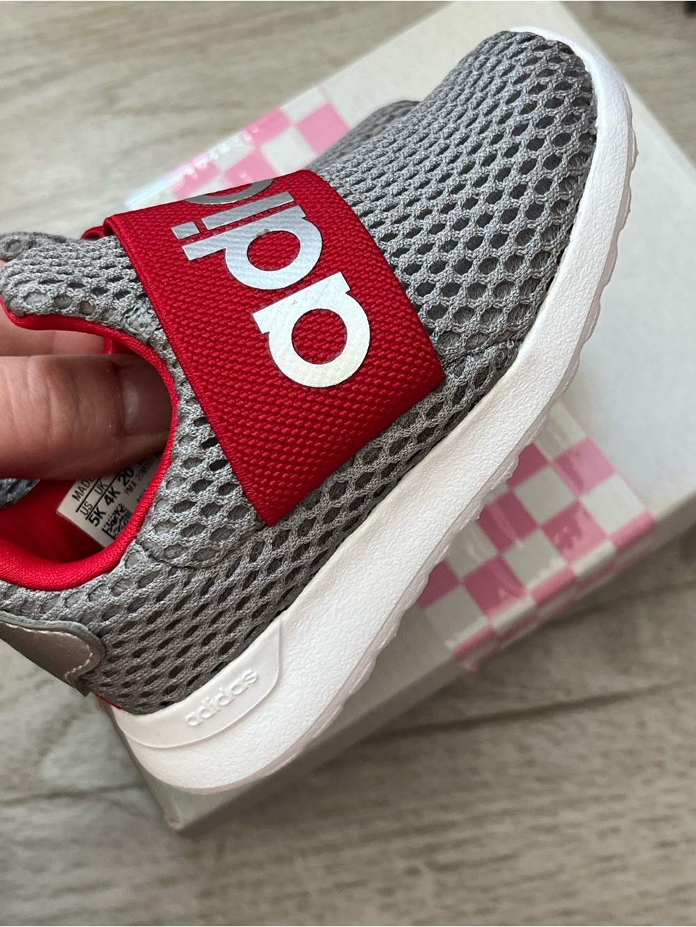 adidas Kids Gray Mesh Slip-On Sneakers with Red Strap